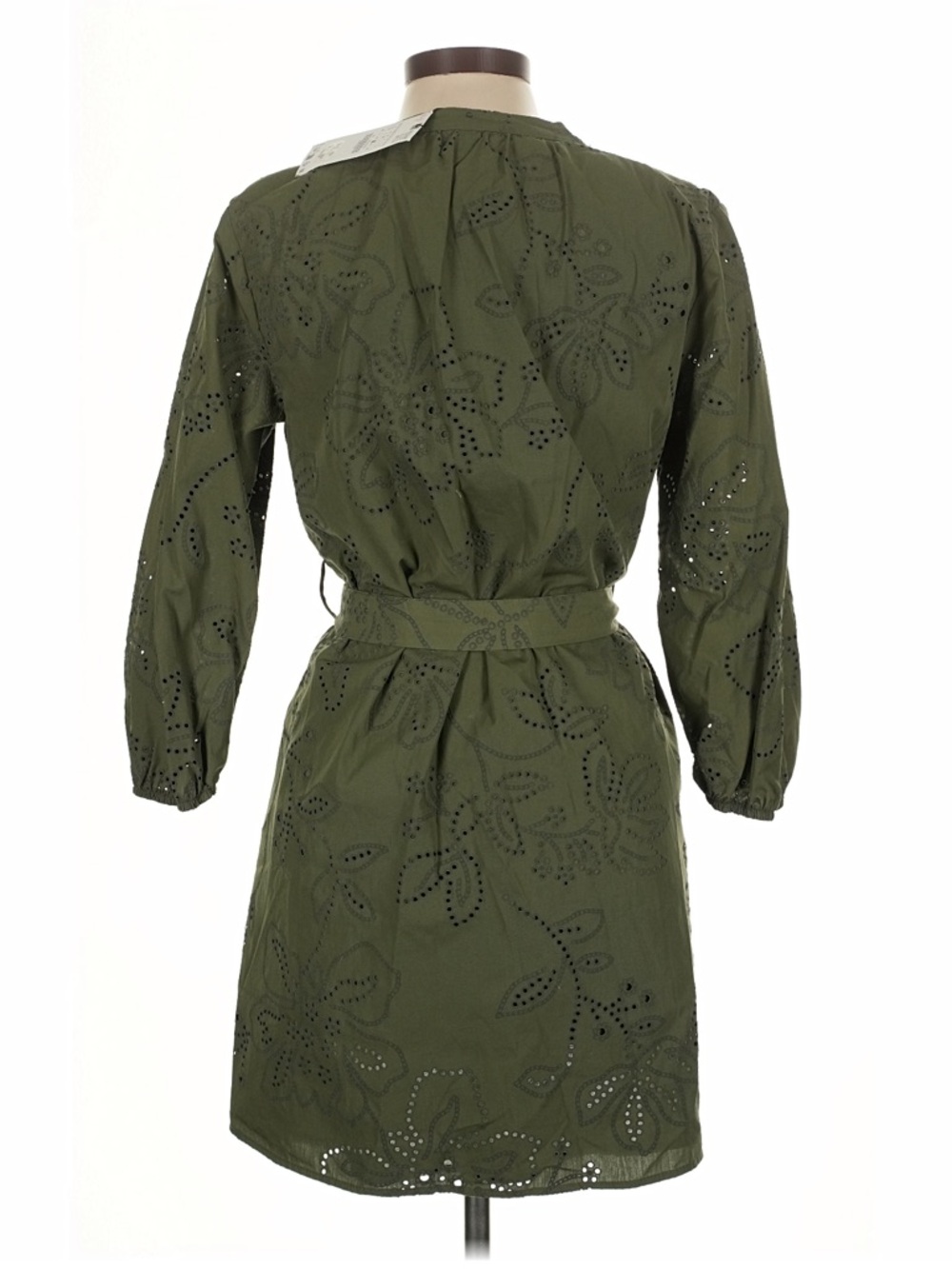 NWT Zara Olive Eyelet Floral Embroidered Tie-Waist Dress - Picture 3 of 3
